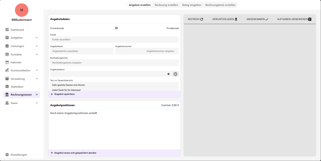 Screenshot, der die Benutzeroberfläche zum Erstellen eines Angebotes im eCockpit darstellt