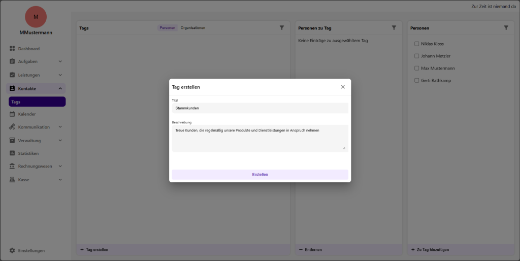 Screenshot der den Dialog zum Erstellen von Tags im eCockpit für das integrierte Newsletter System zeigt