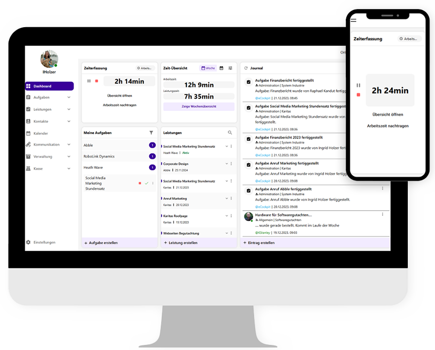 Screenshot und Mockup der eCockpit CRM und ERP Software